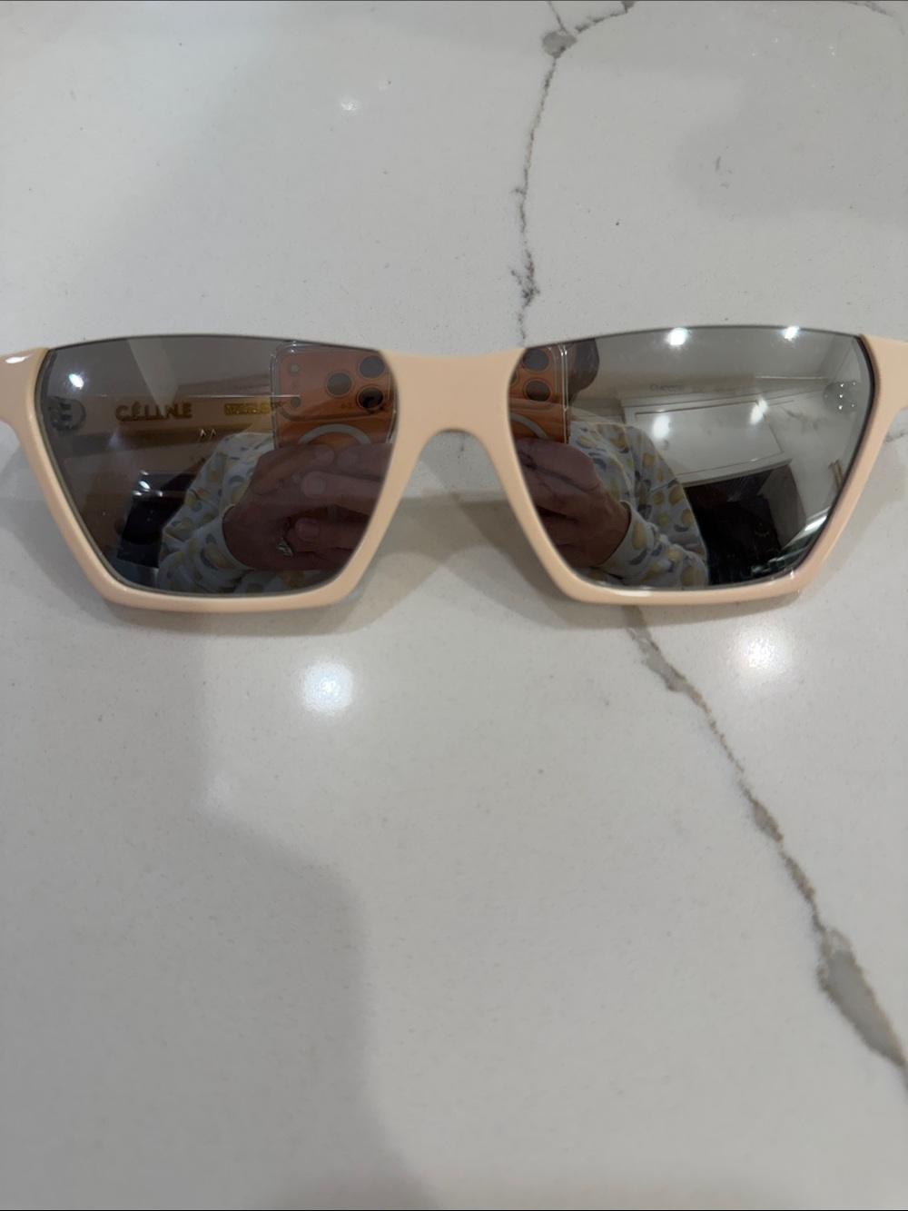 Celine Cream Rectangle Sunglasses with Mirrored Gray Lenses